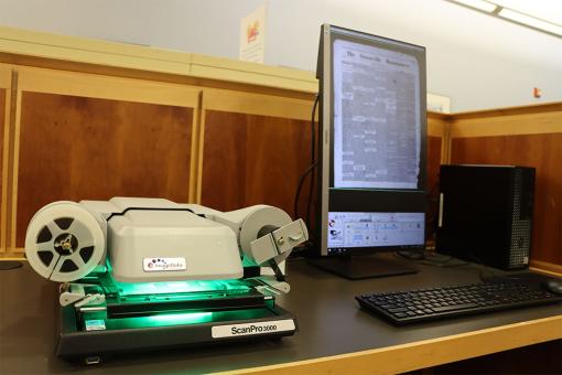 Microfilm scanning station for viewing and exporting digital images from newspapers, county and state records, military records, and more.
