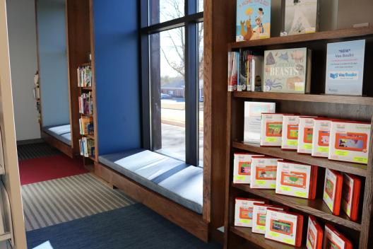 Bay windows and shelving in Children's Area
