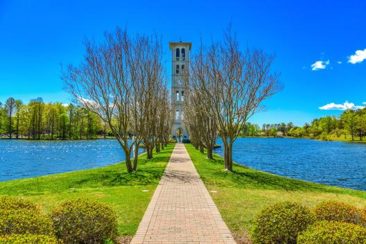 Nearby Furman University’s Bell Tower, originally constructed in 1854
