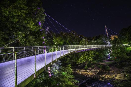 Liberty Bridge, a single-suspension walking bridge over Falls Park